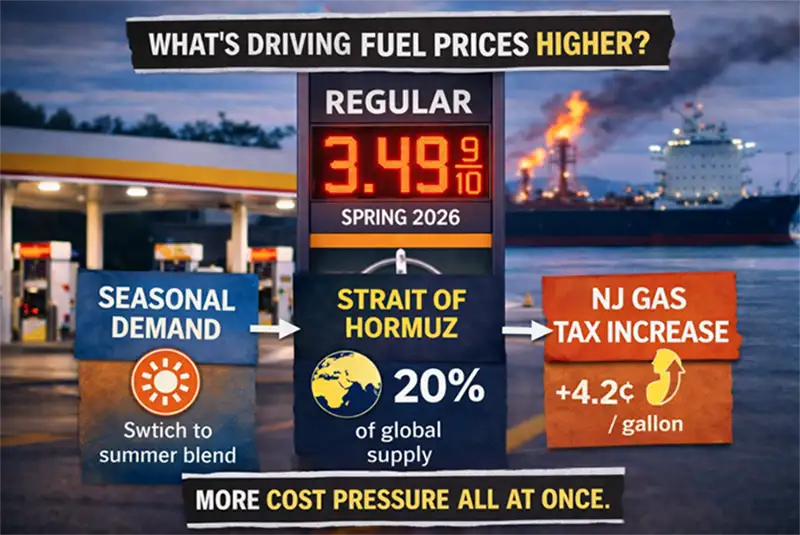 Graphic with words: What's driving fuel higher? Gas Station in background and Seasonal Demand, Strait of Hormuz, and NJ Gas Tax Increase